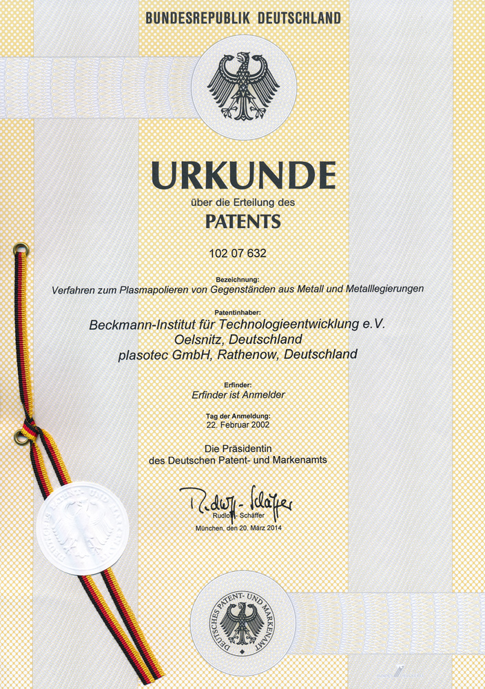 Deutsches Patent der plasotec GmbH